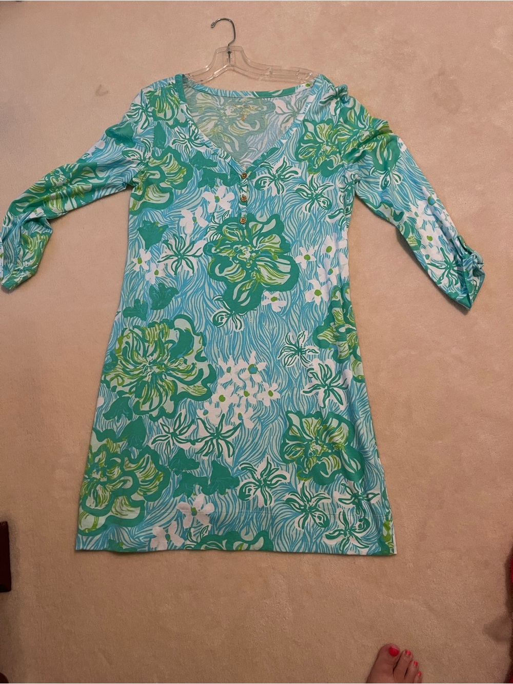Lilly Pulitzer Aqua and Green Floral V‑Neck Tunic